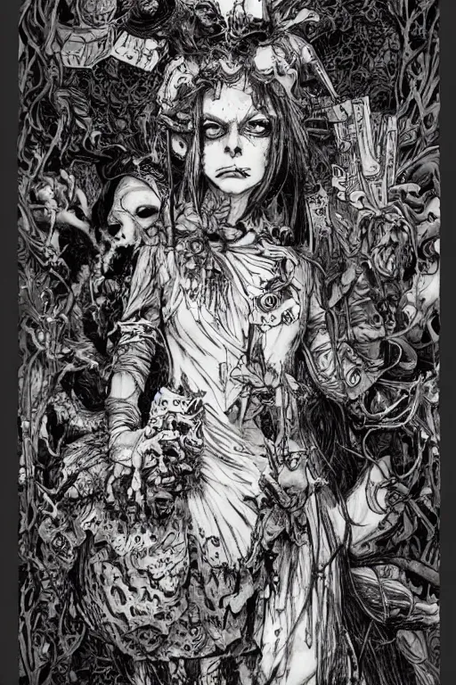 Image similar to zombie Alice in wonderland tarot card , pen and ink, intricate line drawings, by Yoshitaka Amano, Ruan Jia, Kentaro Miura, Artgerm, watercolor