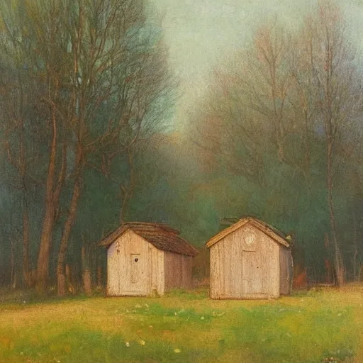 Prompt: a gauguinesque, bucolic painting shows two shacks near the trees by mikalojus konstantinas ciurlionis, deviantart, american scene painting, impressionism, oil on canvas, ilya kuvshinov