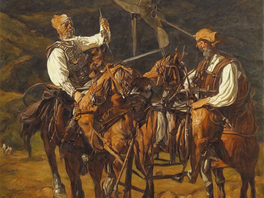 Image similar to portrait of a don don quixote, windmill, realism, oil painting, highly detailed, pre - raphaelite style