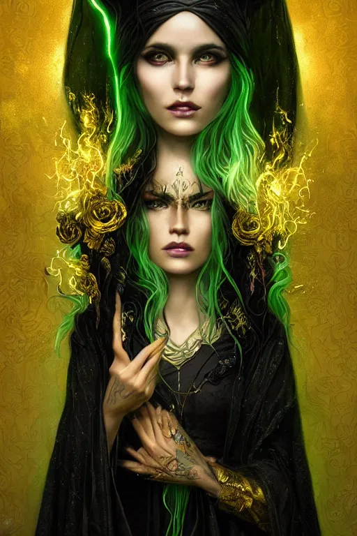 Image similar to a close - up portrait of a hauntingly beautiful sorceress wearing a black robe with gold embroidery, casting a spell, green glows, painted by artgerm and tom bagshaw, highly detailed digital art