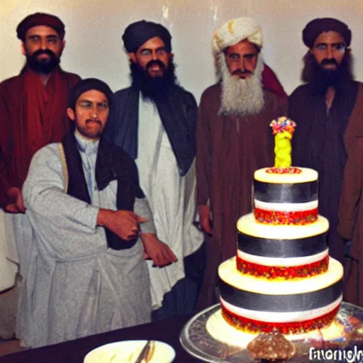 Image similar to color photograph of a festive taliban first anniversary party with cake.