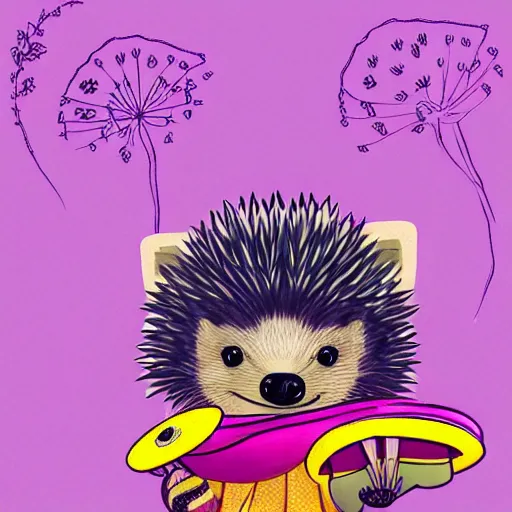 Image similar to adorable hedgehog in a kimono, holding a purple dandelion, art, digital art