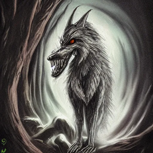 Image similar to ghoul wolf, creature, cryptid, Fantasy Art