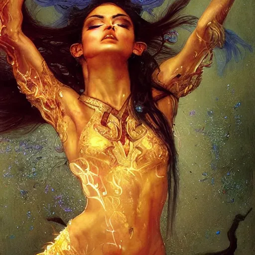 Image similar to epic masterpiece full body portrait a beautiful fire dancer with a beautiful face and flawless skin, raining ashes, by Edgar Maxence and Ross Tran and Michael Whelan