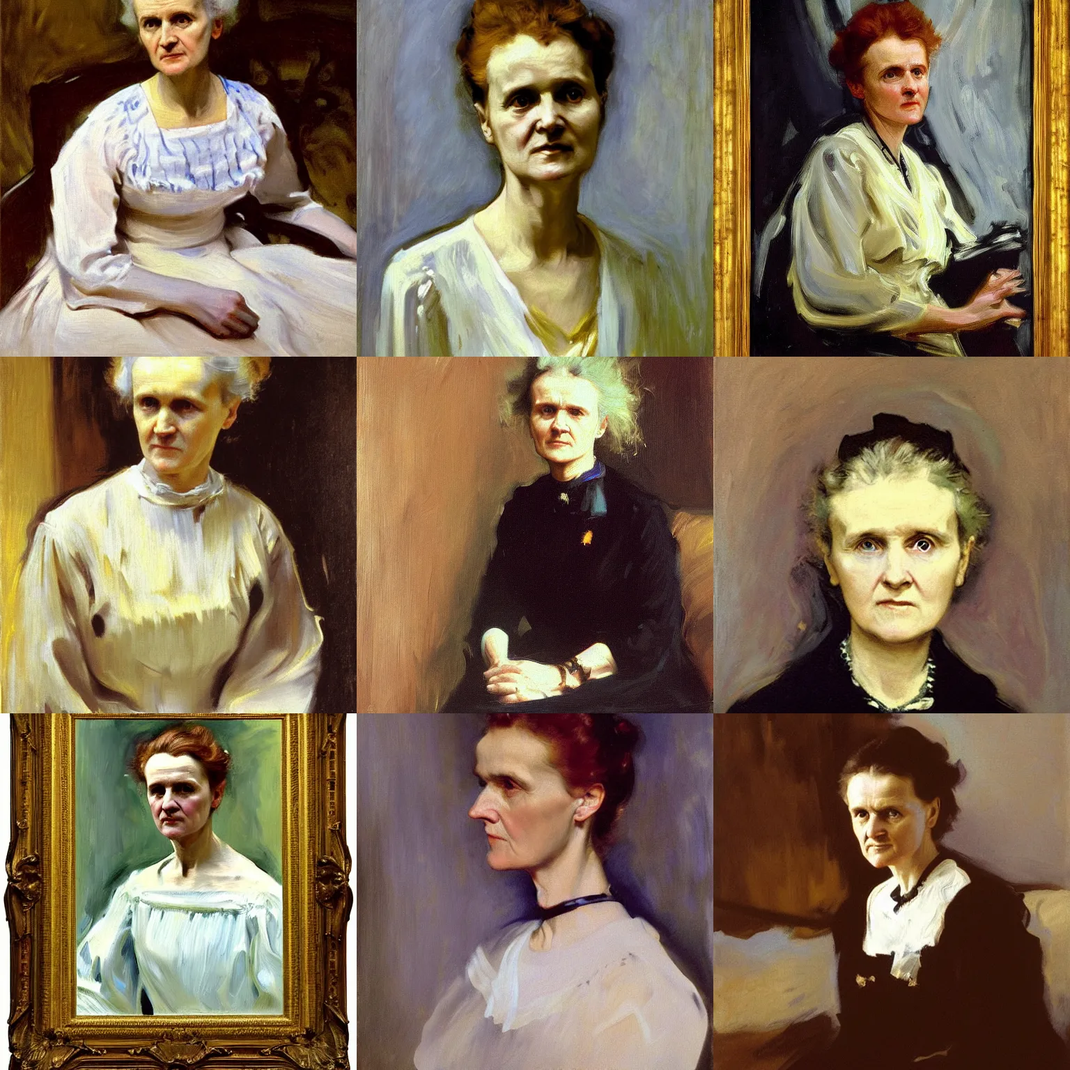 Prompt: marie curie, intricate oil on canvas portrait by john singer sargent