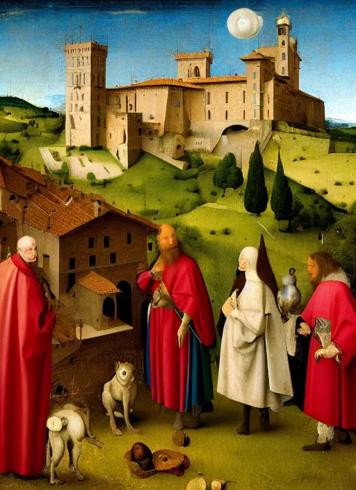 Image similar to Medici family in Tuscany by Jan van Eyck, Hieronymus Bosch, Johannes Vermeer 4k post-processing, highly detailed medieval painting