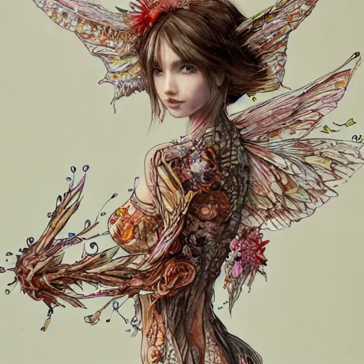 Image similar to fairy girl with wings made of pizza slices, watercolor, pen and ink, intricate line drawings, by Yoshitaka Amano, Ruan Jia, Kentaro Miura, Artgerm, detailed, trending on artstation, hd, masterpiece,