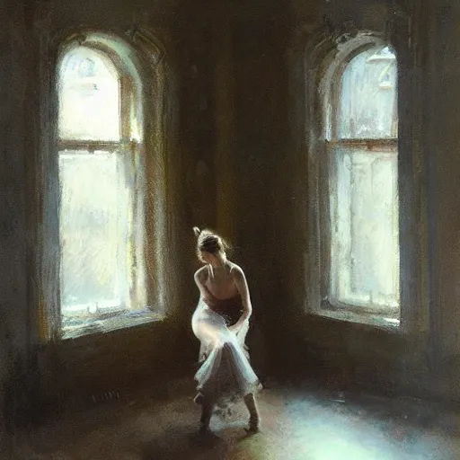 Image similar to the lone ballerina in the soft window light, by jeremy mann, anders zorn.