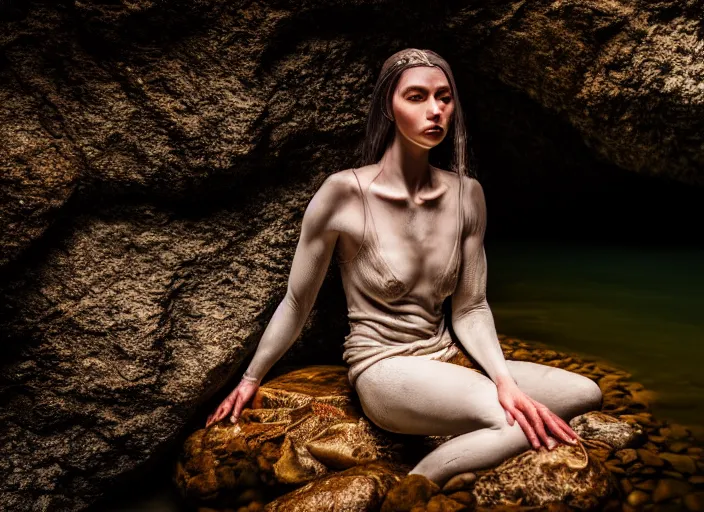 Image similar to portrait fully clothed half woman half fish sitting on a rock in a river in an underground cave. fantasy magic style. highly detailed 8 k. intricate. lifelike. soft light. sony a 7 r iv 5 5 mm. cinematic post - processing