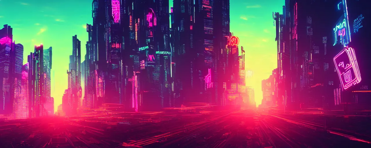 Prompt: cyberpunk, city, neon lights, glow, retrowave style, sunset,