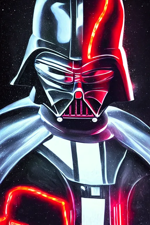 Image similar to detailed portrait of a Darth Vader Santa hybrid with compound eyes, strong neon lighting, raining, mysterious, mirror shades, by glenn fabry, hyper realistic, HD, oil on canvas