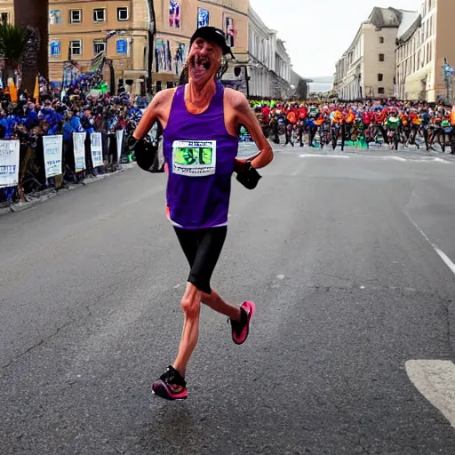 Prompt: A skeleton crossing the finish to win a marathon, award winning photograph,