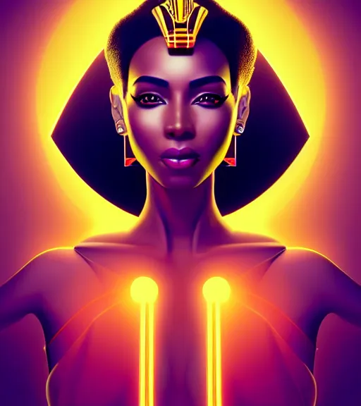 Image similar to symmetry!! egyptian queen of technology, solid cube of light, hard edges, product render retro - futuristic poster scifi, lasers and neon circuits, brown skin beautiful egyptian, queen, intricate, elegant, highly detailed, digital painting, artstation, concept art, smooth, sharp focus, illustration, dreamlike, art by artgerm