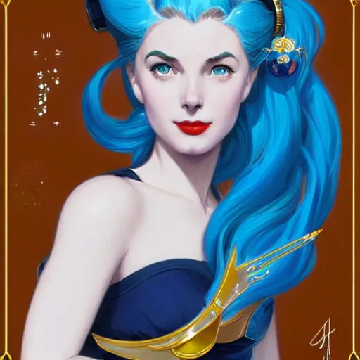 Image similar to Grace Kelly with blue hair as Sailor Moon, western, D&D, fantasy, intricate, elegant, highly detailed, digital painting, artstation, concept art, matte, sharp focus, illustration, art by Artgerm and Greg Rutkowski and Alphonse Mucha