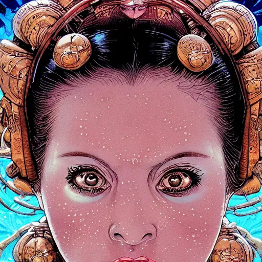 Prompt: portrait closeup of crazy princess leia, symmetrical, by yoichi hatakenaka, masamune shirow, josan gonzales and dan mumford, ayami kojima, takato yamamoto, barclay shaw, karol bak, yukito kishiro