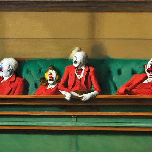 Prompt: a highly detailed fine art print of multiple current british members of parliament in the house of commons dressed as clowns and smoking. in the style of edward hopper, richard hamilton. concept art. whimsical. green leather benches. colour graded by rembrandt. sharp oil painting. photographic qualities. no artefacts, minimal noise. desaturated. 8 k