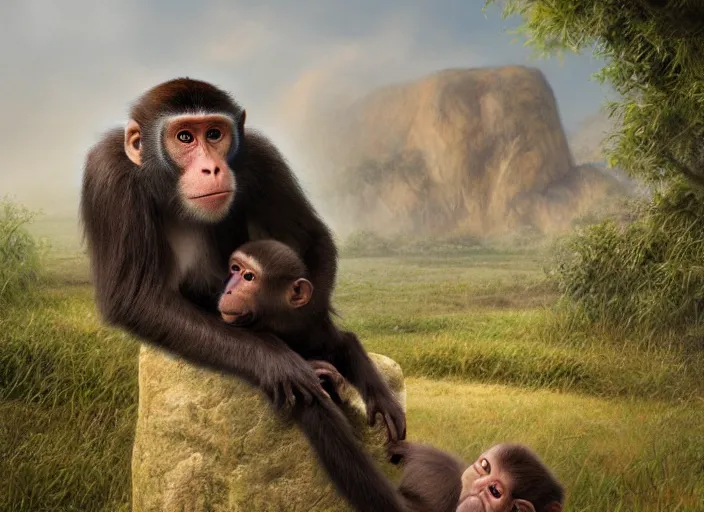 Prompt: a full head shot, detailed photograph of a dreaming monkey with his baby in a distance landscape, photorealism ultradetailed digital art, irina french, heraldo ortega, mandy jurgens, golden ratio, art canvas, award winning, masterpiece trending on artstation 8 k 1 5 0 mpx, hasselblade wide shot