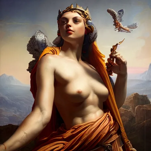 Image similar to Birth of Athena from the head of Zeus, hyperrealism, no blur, 4k resolution, ultra detailed, style of Jonathan Solter, Peter Mohrbacher, Alexander Trufanov, Finnian MacManus, Frank Frazetta, Valentin de Boulogne