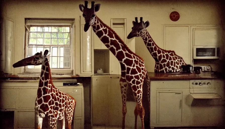 Prompt: a mini girafe in a stalinist style kitchen, by mini dv camera, very very low quality, heavy grain, very blurry, accidental flash, webcam footage, found footage, security cam, caught on trail cam