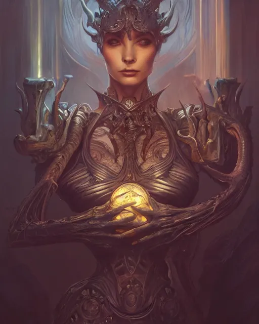 Prompt: art by giger, deep focus, d & d, dark fantasy, intricate glow accents, elegant, highly detailed, digital painting, artstation, concept art, matte, sharp focus, 8 k 3 d, hearthstone, art by artgerm and greg rutkowski and alphonse mucha