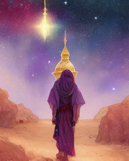 Image similar to bedouin child praying in galaxy walking towards mosque surrounded by nebula, highly detailed, gold filigree, romantic storybook fantasy, soft cinematic lighting, award, disney concept art watercolor illustration by mandy jurgens and alphonse mucha and alena aenami, pastel color palette, featured on artstation