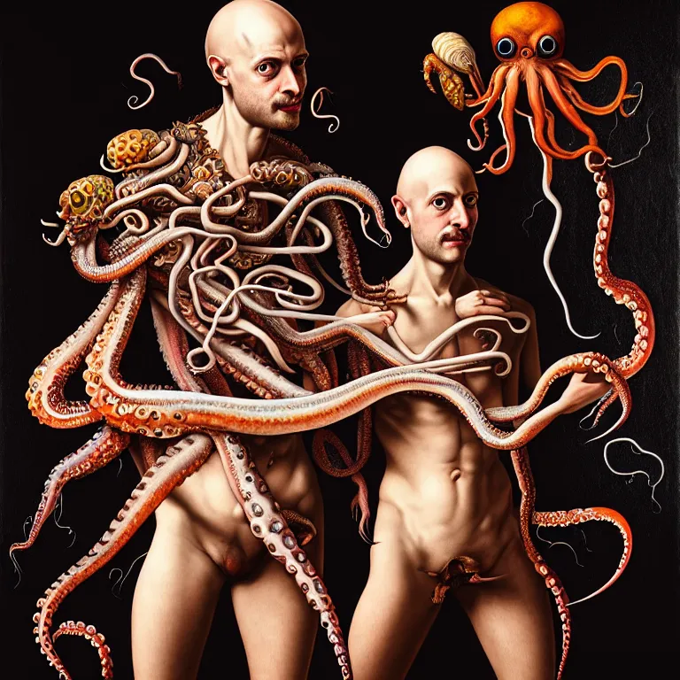 Image similar to young manly bald man wearing exoskeleton, holding a squid, octopus, shell, black background, beautiful baroque portrait painting, psychedelic, trippy, hallucination, dream, beautiful detailed intricate insanely detailed octane render trending on Artstation, 8K artistic photography, photorealistic, chiaroscuro, Raphael, Caravaggio