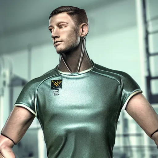 Image similar to a realistic detailed photo of a guy who is an attractive humanoid who is half robot and half humanoid, who is a male android, attractive and handsome soccer players, shiny skin, posing like a statue, blank stare, in a factory, on display, showing off his muscles, wearing soccer shorts, side view, looking at each other mindlessly