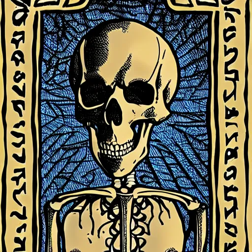 Prompt: a tarot card of a skeleton author, hyperdetailed