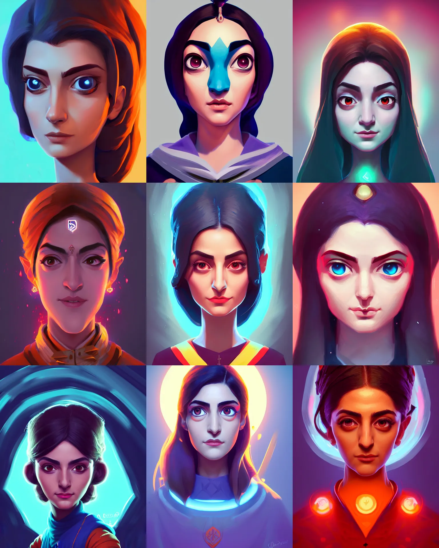 Prompt: head-on symmetrical centered painted portrait, Maya Ali as a sorcerer, DOTA Blizzard pixar, unity engine on stylized background, splash comics, global illumination lighting, artstation, by lois van baarle, ilya kuvshinov, rossdraws