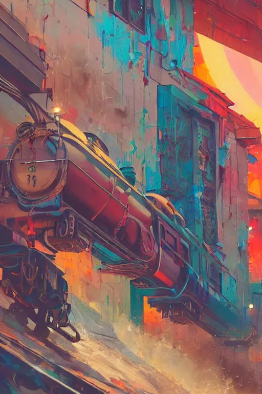 Image similar to trains covered colorful graffiti with paint drip, greg rutkowski, and moebius and loish and artgerm, painterly, illustration, sunset lighting, beautiful artist rendering, gorgeous