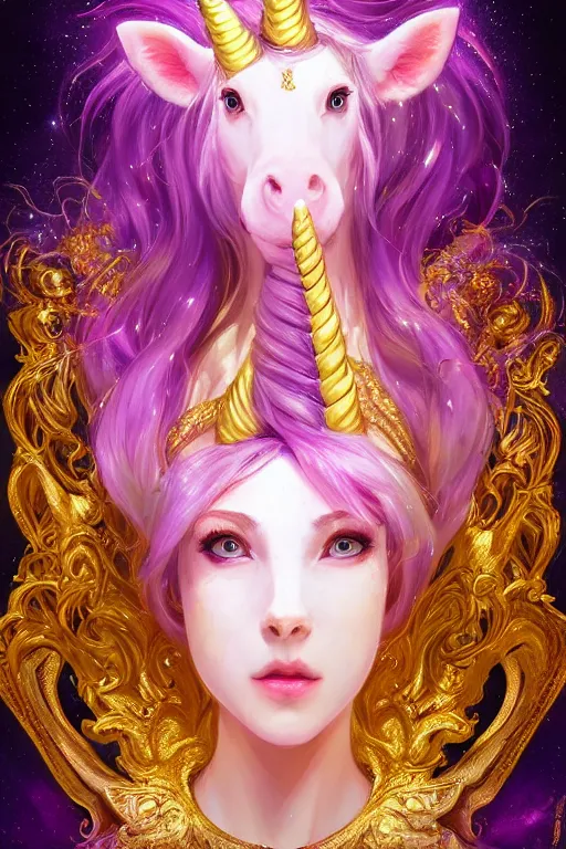Prompt: beautiful Unicorn in gold and purple pink soft lighting, symmetrical portrait, high quality, cinematic by WLOP and Rossdraws, concept art of the character. Epic composition, hyperrealism, award-winning artwork, realistic hair, artstation trend, high quality printing, fine art with subtle redshift rendering