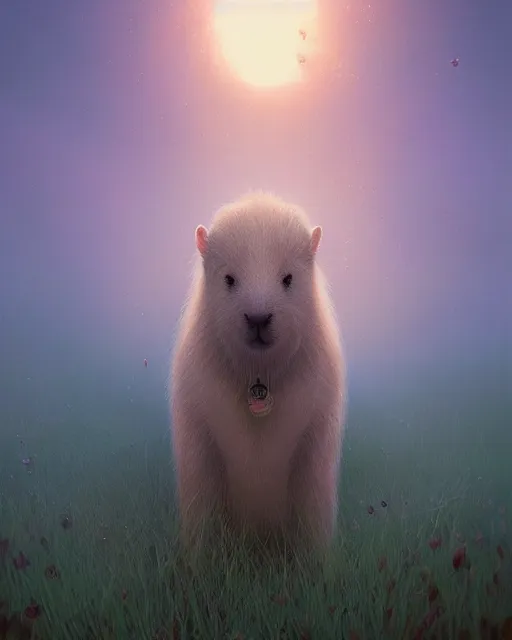 Prompt: lovecraftian white capybara, surreal photography, sunrise dramatic light, impressionist painting, digital painting, artstation, kilian eng, john harris, bastien lecouffe - deharme, simon stalenhag, flower face