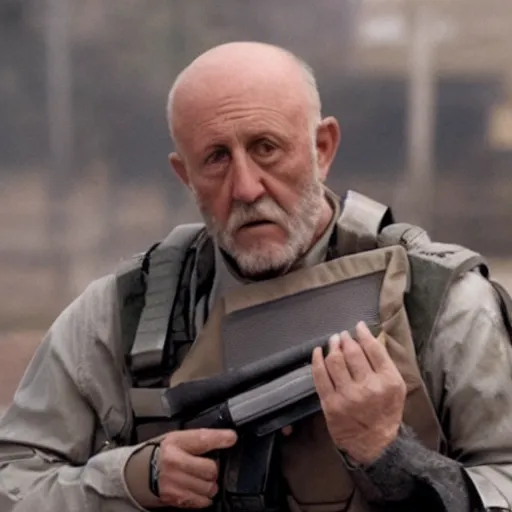 Prompt: Film Still of Mike Ehrmantraut carrying a sniper rifle and wearing a bulletproof vest, 4k, highly detailed