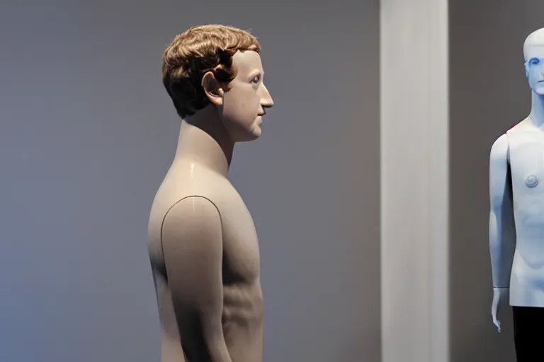 Image similar to mark Zuckerberg mannequin just woke up and is taking his human pills
