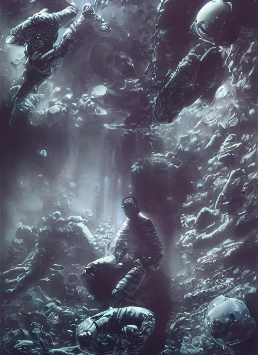 Image similar to astronauts in dark and empty void underwater - complex and hyperdetailed technical suit. reflection and dispersion materials. rays and dispersion of light. volumetric light. 5 0 mm, f / 3 2. noise film photo. flash photography. ultra realistic, wide angle. poster by wayne barlowe, hajime sorayama aaron horkey, craig mullins
