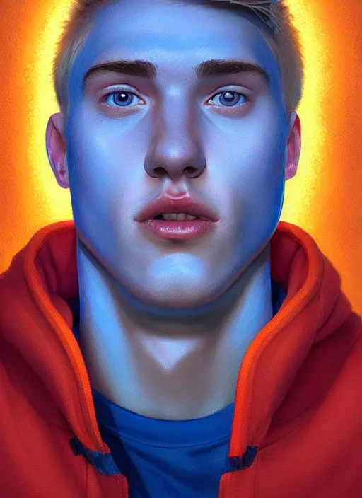 Image similar to portrait of high school senior boy named big moose, blonde short hair, jock, beefy, wide face, square jaw, square facial structure, blue varsity jacket with letter r, intricate, elegant, glowing lights, highly detailed, digital painting, artstation, concept art, sharp focus, illustration, art by wlop, mars ravelo and greg rutkowski