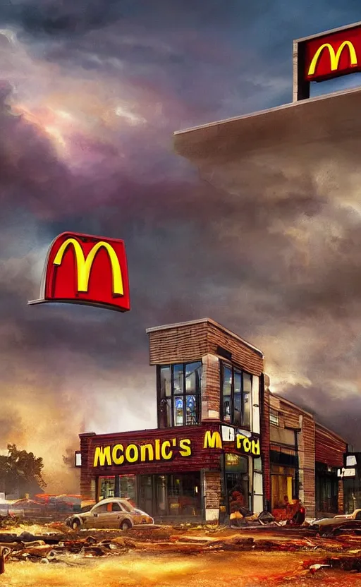 Prompt: beautiful epic painting of a uk mcdonalds in an apocalypse. thunder, lightning, fantasy art, hd, ultrawide angle,, hq. very detailed.