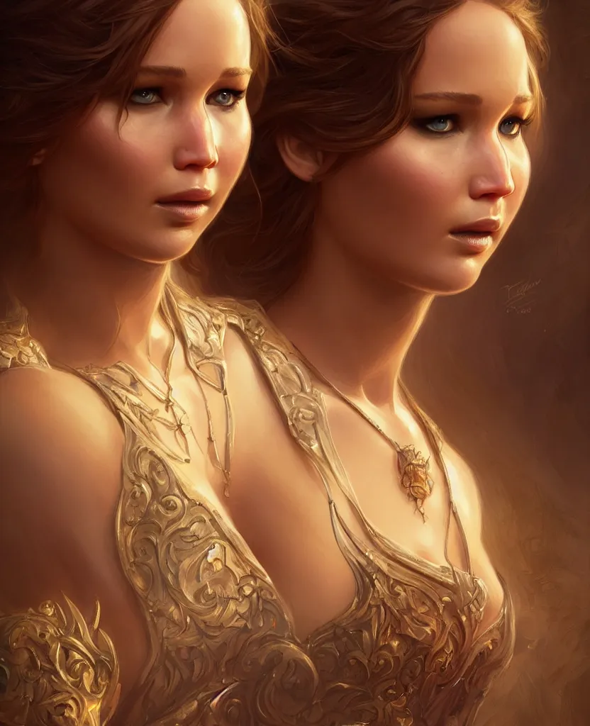 Image similar to Jennifer Lawrence, closeup, D&D, fantasy, intricate, elegant, highly detailed, digital painting, artstation, concept art, matte, sharp focus, illustration, hearthstone, art by Artgerm and Greg Rutkowski and Alphonse Mucha