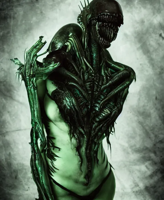 Image similar to xenomorph queen goth model hybrid, dragon eggs, dark emerald mist colors, giger background liminal void, cinematic lighting, realistic, award winning photograph, various refining methods, micro macro autofocus