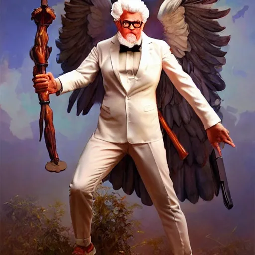 Image similar to a full body portrait of colonel sanders the greek god!! fighting in hell against a starving hillbilly!!! extremely beautiful, anatomically accurate, by artgerm and by greg rutkowski and by alphonse mucha and by simon bisley, radiant light, detailed and intricate environment,