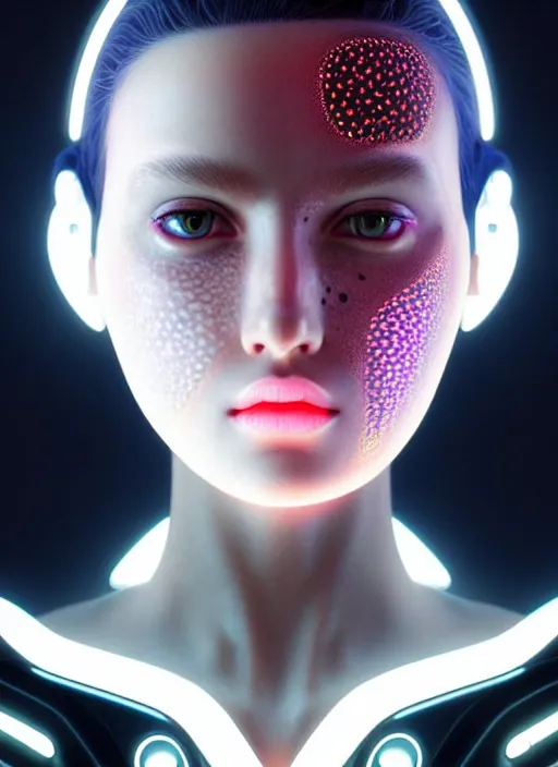 Image similar to photorealistic an european female humanoid with heavy freckle cheeks, cyber neon lightings, futurism, cyberpunk high fashion, elegant profile pose, intricate details, crispy quality, digital photography, trending in artstation, trending in pinterest, no watermark signature, cinematic, 4 k ultra hd, art by artgerm, art by greg rutkowski, art by pascal blanche