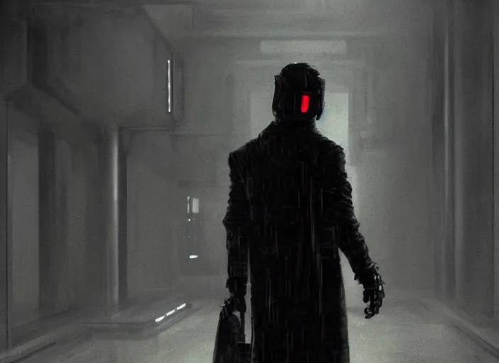 Prompt: man wearing black cyberpunk coat cybernetic hand metal reflective long spindly fingers, walking down, white marble hallway red details. Scene from Bladerunner 2049 (2017) Artstation trending 720p. detailed wallpaper.