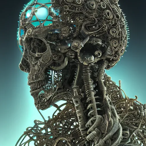 Prompt: cybernetic deity with circuitry structure skull and networked mind tripping on acid, intricate detail, lovecraft, royo, whealan, giger, klimt, hd, octane render, unreal engine,