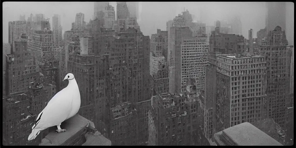 Prompt: detailed medium format photo, polaroid still from tarkovsky movie, giant pigeon sitting on a newy york building rooftop, haze, high production value, intricate details, 8 k resolution, hyperrealistic, hdr, photorealistic, high definition, tehnicolor, award - winning photography, masterpiece, amazing colors