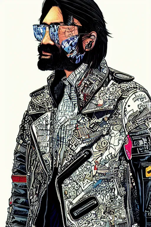 Image similar to 1 9 8 9 portrait of hiroyuki sanada in a leather jacket. highly detailed masterpiece art by josan gonzalez.