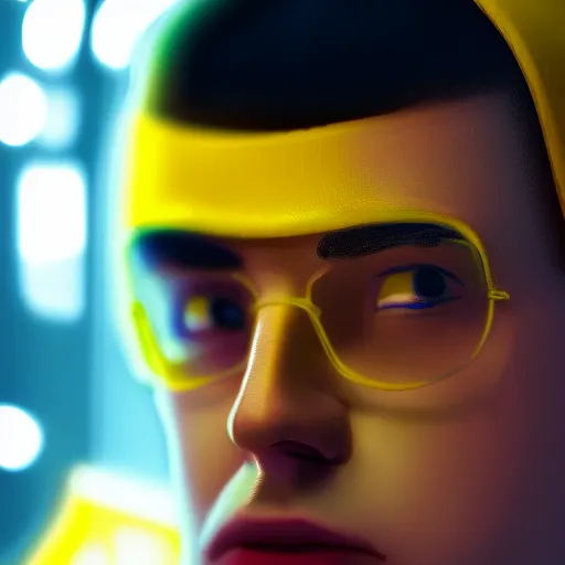 Image similar to close up portrait of young handsome it engineer in a yellow sweatshirt. cyberpunk, volumetric lighting, 4 k, hd, artstation, deviantart