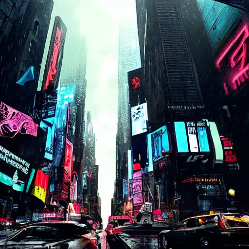 Prompt: Cyberpunk New York in the rain