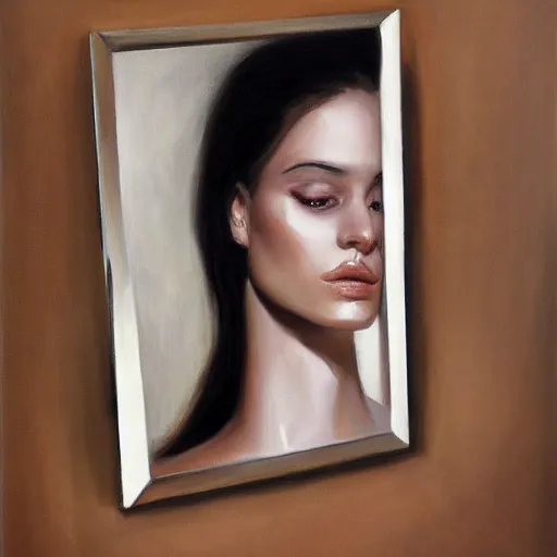 Image similar to fashion model in mirror, hyperrealism oil painting portrait