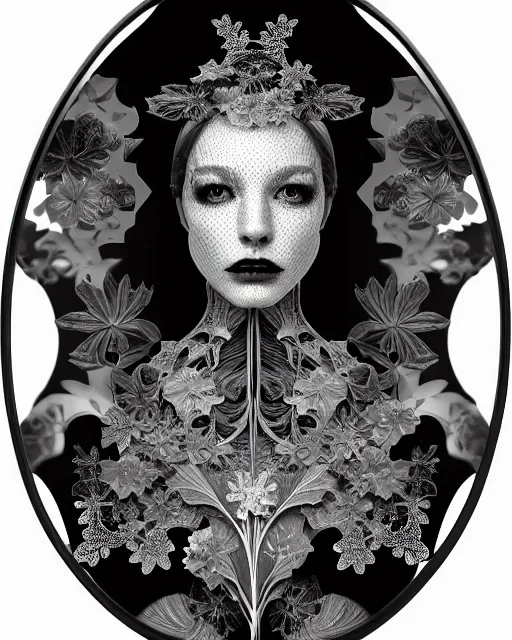 Image similar to monochrome profile portrait painting, dutch masters, silver lace floral steampunk biomechanical beautiful young female cyborg with one techno eye, monocular, volumetric light, leaves foliage and stems, hibiscus flowers, alexander mcqueen, rim light, big gothic fashion pearl embroidered collar, 8 k