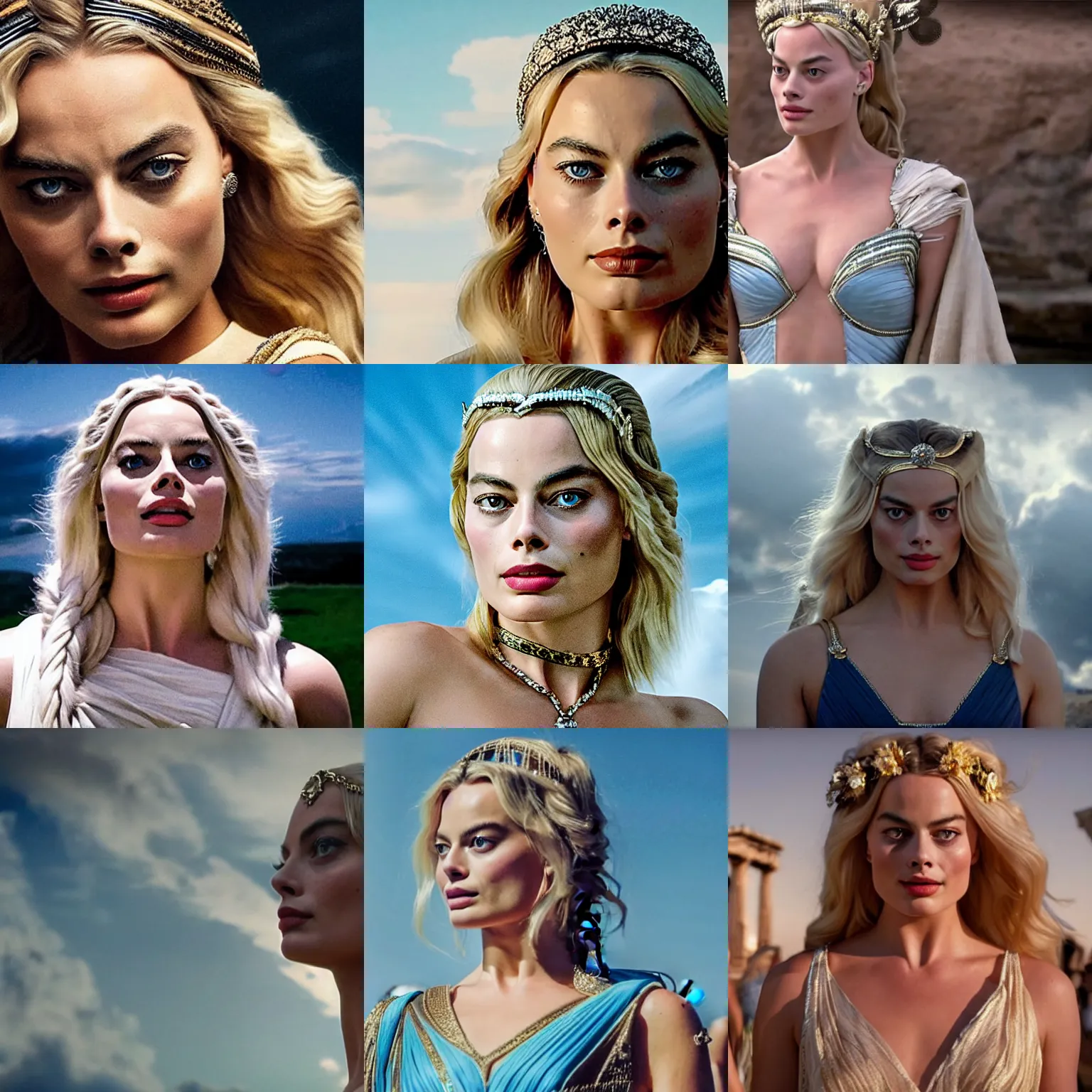 Prompt: margot robbie as a beautiful Greek goddess in the sky, cinematic, detailed face